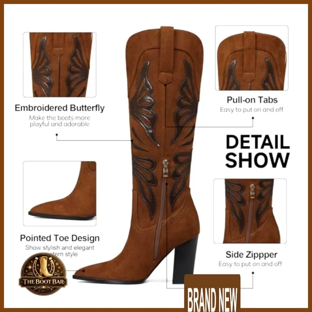 Pointed Toe Cowboy Boots Chunky Heel Knee High Wide Calf Western Elegant - Picture 5 of 7